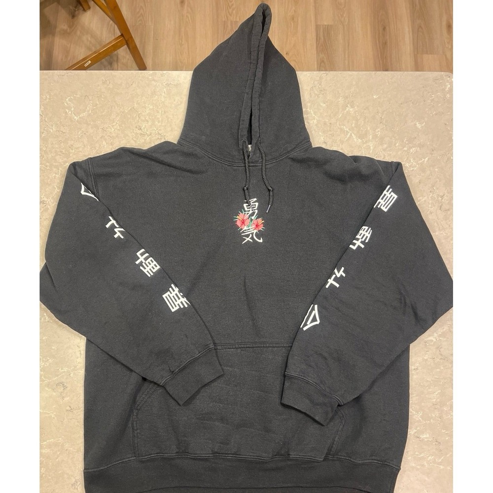 Riot Society Men's XL Hoodie Black Japanese Kanji Hibiscus Graphic Streetwear